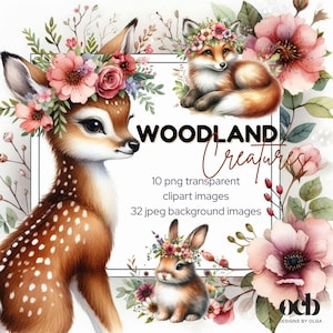 Clipart de créatures des bois, animaux aquarelles, papier de fond, scrapbooking, papier fleuri et clipart. Par des créatures animales.