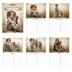 May include: A birthday calendar featuring illustrations of children with various animals for each month. The cover shows a child with a puppy, followed by monthly pages for January through May, each with a numbered list for dates and floral accents.
