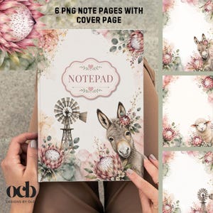 Op de afbeelding: Een notitieblok met een aquarelontwerp van een ezel, een windmolen en roze proteabloemen. De omslag bevat de tekst NOTEPAD in een decoratief kader. De set bevat 6 PNG-notitiepagina's en een voorpagina met bloemendetails.