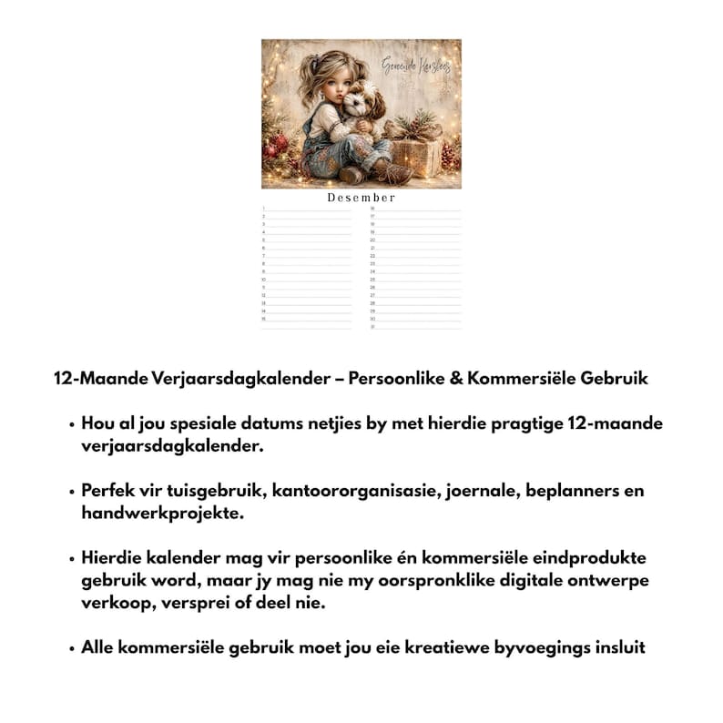 Afrikaanse Verjaarsdag Kalender | Januarie tot Desember | Herbruikbare Familie Verjaarsdag Kalender | Digitale Aflaai image 4