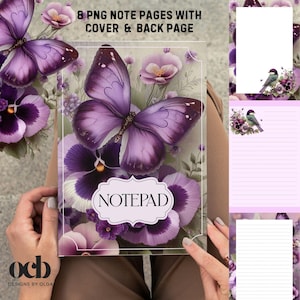 May include: A notepad with a butterfly and floral design. The cover features a large purple butterfly and pansies. The notepad is held by a person. The text "NOTEPAD" is on the cover. The image also shows sample note pages.