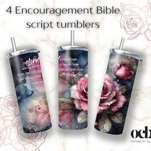 May include: Four stainless steel tumblers with inspirational Bible verses and watercolor floral designs. The tumblers feature a dark blue background with pink and purple flowers. The verses are "The Lord is my strength and my shield" and "Is my strength in him my heart exults I give thanks to him."