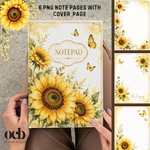 Paquete de páginas PNG para bloc de notas con girasoles / Papelería floral imprimible / 6 páginas para bloc de notas + portada / Diario digital y papel para escribir