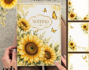 Sunflower Notepad Pages PNG Bundle | Printable Floral Stationery | 6 Notepad Pages + Cover | Digital Journal & Writing Paper