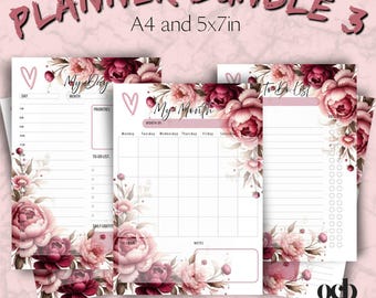May include: A planner bundle with pink and burgundy floral designs. The bundle includes pages for daily, monthly, and weekly planning, plus a meal planner and to-do list. The image text reads "Planner Bundle 3" and "A4 and 5x7in".