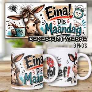 Könnte beinhalten: Zwei weiße Keramiktassen mit Cartoon-Illustrationen. Eine Tasse zeigt einen müden Esel mit einer Kaffeetasse und dem Text Eina! Dis Maandag. Die andere Tasse zeigt eine Kuh mit dem Text Ag Asseblief! und roten Herzakzenten.