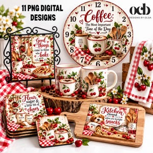 Może przedstawiać: Kolekcja 11 cyfrowych projektów z ilustracjami wiśni i motywami kuchennymi. Elementy obejmują okrągły zegar, kubki, podstawki i deskę do krojenia z napisami takimi jak Coffee: The Most Important Time of the Day oraz Kitchen closed.