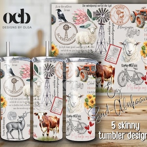 May include: Three cylindrical tumblers with lids and straws, featuring a collage of South African farm-themed illustrations including sheep, a cow, a tractor, a windmill, sunflowers, a bicycle, and Afrikaans text, set against a light background.