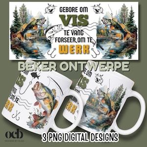 以下が含まれることがあります： 釣りテーマのデザインが施された白いセラミックマグカップ。マグカップには、魚、釣り竿、ユニークなフォントのテキストのイラストが描かれています。背景には、湖と木々の美しい景色が含まれています。マグカップのテキストは「釣るために生まれ、働くことを余儀なくされた」と書かれています。