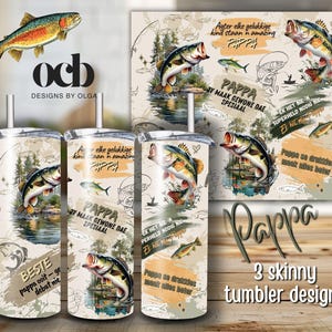 May include: Three skinny tumbler designs with fishing illustrations. Each tumbler displays a detailed image of a fish jumping from water, with additional fish and fishing-related graphics. The tumblers have a white background with text.
