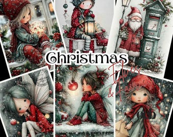 May include: A collage of watercolor illustrations featuring Christmas and fairy themes. The images depict children in winter attire, Santa Claus, and fairies, with text that reads "Christmas" and "Elves & Fairies". The images are surrounded by a white border.