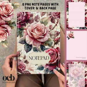 May include: A notepad with a floral rose design. The cover features large pink and burgundy roses with green leaves. The word "NOTEPAD" is in a cream-colored banner. The image also shows note pages with rose borders.