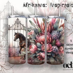 May include: Three skinny tumblers with floral and horse designs. One tumbler features a horse behind a gate, while the others display pink and purple flowers. Text includes "Afrikaans: Inspirasie" and "5 skinny tumbler designs."