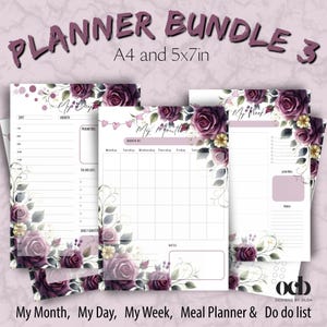 May include: A planner bundle featuring pages for daily, weekly, and monthly planning, along with a meal planner and to-do list. The pages are adorned with floral designs in shades of purple and white. The text "Planner Bundle 3" and "A4 and 5x7in" are visible.