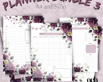 May include: A planner bundle with pages for daily, weekly, and monthly planning, plus a meal planner and to-do list. The pages have floral designs in purple and white. The text "Planner Bundle 3" and "A4 and 5x7in" are visible. The pages are A4 size, which is 21 x 29.7 cm.
