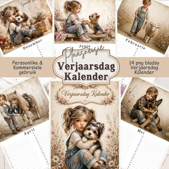 Afrikaanse Verjaarsdag Kalender | Januarie tot Desember | Herbruikbare Familie Verjaarsdag Kalender | Digitale Aflaai