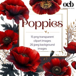 Red Poppy Clipart and Background Papers , Watercolor Digital Flowers | Seamless Patterns  and Floral Paper Pack | Instant Download