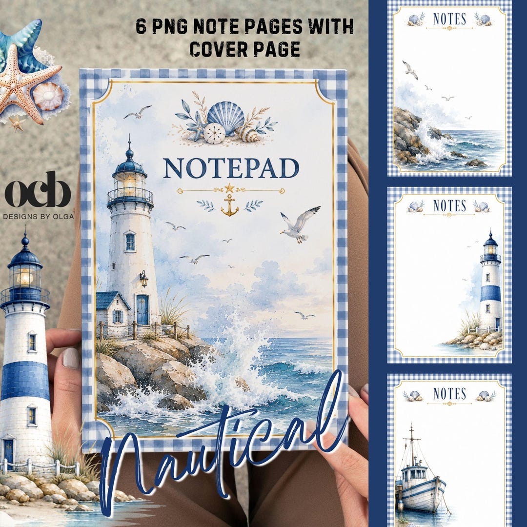 Notepad River Design Watercolor Nautical Notepad PNG Bundle | Printable Cover & 6 Inside ...