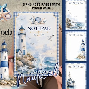 May include: A set of six digital notepad pages featuring a nautical theme with a lighthouse, ocean waves, seagulls, and an anchor. The cover page displays the text NOTEPAD, while the note pages include the text NOTES, all framed by a blue gingham border.