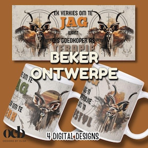 Könnte beinhalten: Weiße Keramikbecher mit Jagdmotiv. Die Becher zeigen eine Kudu-Illustration, Text in einer Fremdsprache und den Satz "4 DIGITAL DESIGNS". Das Design beinhaltet ein Fadenkreuz und ein Gewehr.