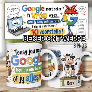 Może przedstawiać: Dwa białe ceramiczne kubki z kolorowymi grafikami z kreskówek i tekstem w języku afrikaans. Jeden kubek przedstawia sowę i tekst o Google, a drugi krowę na podium z napisem 1 Bees i 2, wraz z dodatkowymi elementami graficznymi.