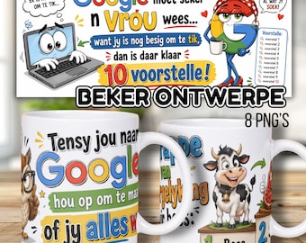 May include: Two white ceramic mugs featuring colourful cartoon graphics and Afrikaans text. One mug displays an owl and text about Google, while the other shows a cow on a podium labelled 1 Bees and 2, with additional text and graphic elements.