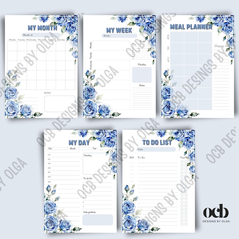 Printable Planner Bundle Blue Rose Floral Planner Pages, Monthly Weekly ...