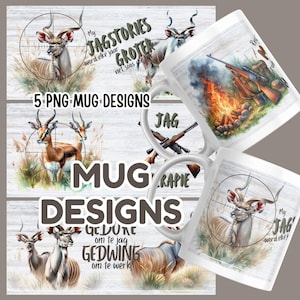 May include: A collection of five PNG mug designs featuring wildlife and hunting themes. The designs include images of deer, rifles, and campfires, with text overlays such as "JAGSTORIES" and "MUG DESIGNS". The mugs have a rustic, outdoorsy aesthetic.