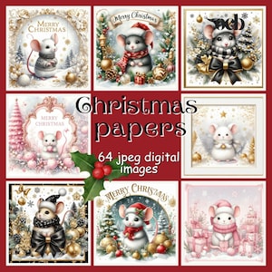 Puede incluir: Una colección de nueve imágenes digitales con temática navideña que presentan adorables ratones con atuendos festivos. Las imágenes incluyen el texto "Merry Christmas" y "Christmas papers", con el texto "64 jpeg digital images". Los ratones están rodeados de decoraciones navideñas.