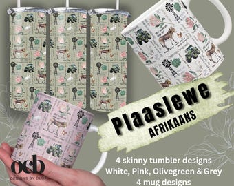Zestaw kubków i kubków Afrikaans Plaaslewe Farm Life do sublimacji | 4 cienkie kubki PNG o pojemności 20 uncji z motywem akwareli oraz 4 kubki PNG o pojemności 11 uncji z motywem akwareli