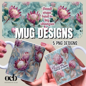 Pode incluir: Duas canecas de cerâmica branca com desenhos florais são seguradas nas mãos. As canecas apresentam um fundo azul-petróleo com flores rosa e roxas. O texto nas canecas diz "Bloom where you are planted". A imagem também inclui o texto "Mug Designs" e "5 PNG Designs".