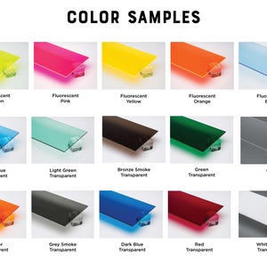 May include: Colour samples of acrylic sheets in various colours, including fluorescent green, pink, yellow, orange, blue, light blue, light green, bronze smoke, green, clear, amber, grey smoke, dark blue, red, and white matte translucent.