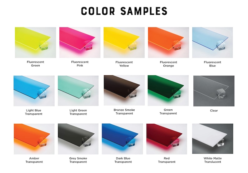 May include: Colour samples of acrylic sheets in various colours, including fluorescent green, pink, yellow, orange, blue, light blue, light green, bronze smoke, green, clear, amber, grey smoke, dark blue, red, and white matte translucent.