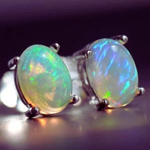 Natural Opal Stud Earrings – Silver Minimalist Gemstone Earrings, Delicate Real Opal Jewelry, Elegant Gift For Her, Timeless Sparkle