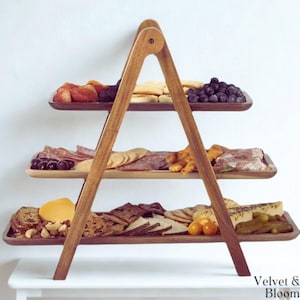3 Tier Wooden Food Stand Rustic Fruit Tray Charcuterie Board Display Snack Dessert Server Picnic Platter Kitchen Storage Organiser Party