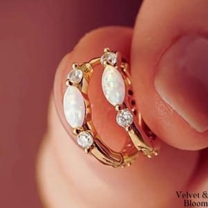 Minimalist Opal Huggie Hoop Earrings – White Opal Inlay, Sterling Silver Or Gold, Dainty Earrings, Gift For Her, Elegant Accessories