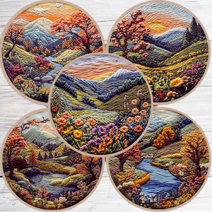 Embroidery Kit 3D Nature Landscape Retro Scenic Mountain Floral Needlepoint Starter with 15cm Hoop DIY Craft Project Home Decor Gift Idea