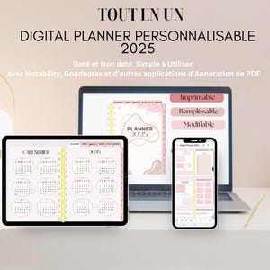 Peut inclure: Un planificateur numérique pour 2025 affiché sur l'écran d'un ordinateur portable. Le planificateur est rose et blanc avec un motif floral. Le texte "PLANNER 2025" est dans un cercle doré. Le planificateur est imprimable, remplissable et modifiable. Le texte "TOUT EN UN" est en haut de l'écran.