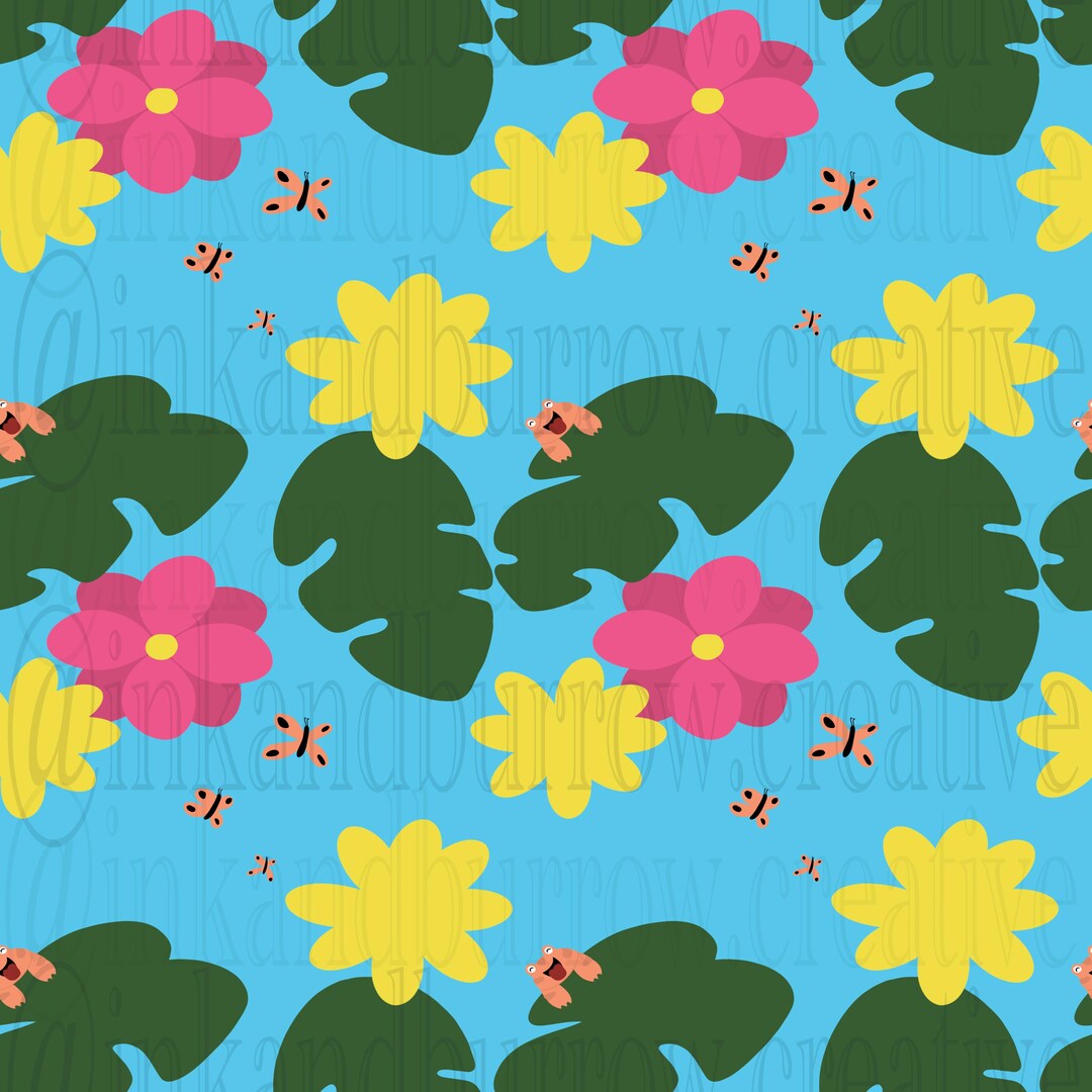Seamless Tropical Foliage Frog Pattern WITH Blue Background Digital ...