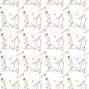 Peut inclure: Motif répété de lapins, carottes et petites formes de feuilles violettes sur fond blanc. Les lapins sont représentés en un trait continu, un debout et un couché. Les carottes sont orange avec des fanes vertes.