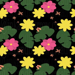 May include: A repeating pattern on a black background features pink and yellow flowers, green lily pads, small orange frogs, and butterflies. The flowers have yellow centres, and the butterflies are small and orange. The overall design is whimsical and nature-themed.