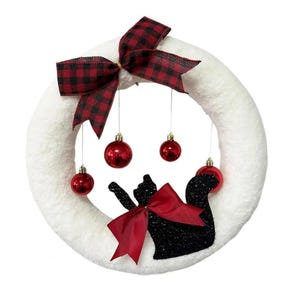 Weihnachtskranz bezaubernder schwarzer Katzenkranz mit hängenden Kugeln Schleife Kitty Cat Kranz für Tür Wand Manteldeko (40 cm)