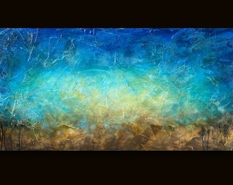 Cobalt Blue Abstract Painting, Textured Canvas Art (24x48)