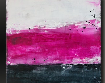 Abstract Mixed Media Painting – Pink, Black, White Art (24 x 24)