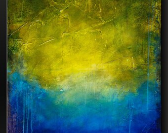 Textured Abstract Painting - Cobalt Blue, Moss Green, Yellow Gold (24x24)