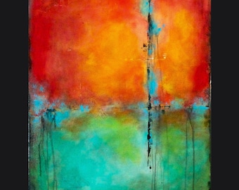 Abstract Acrylic Painting – Urban Wall Art, Red Orange Aqua Green (30x24)