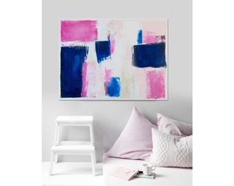 Illumination -48x36 - Large Abstract Acrylic Painting on Canvas- Original Contemporary Wall Art-Cobalt Blue Royal Blue and Shades of Pink