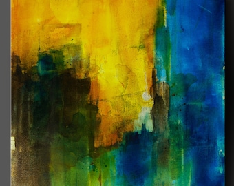 Abstract Acrylic Painting - Shades of Olive, Gold, and Blue - 24x24 Canvas