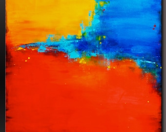 Large Abstract Acrylic Painting – Vivid Orange, Yellow, and Blue (30x30)