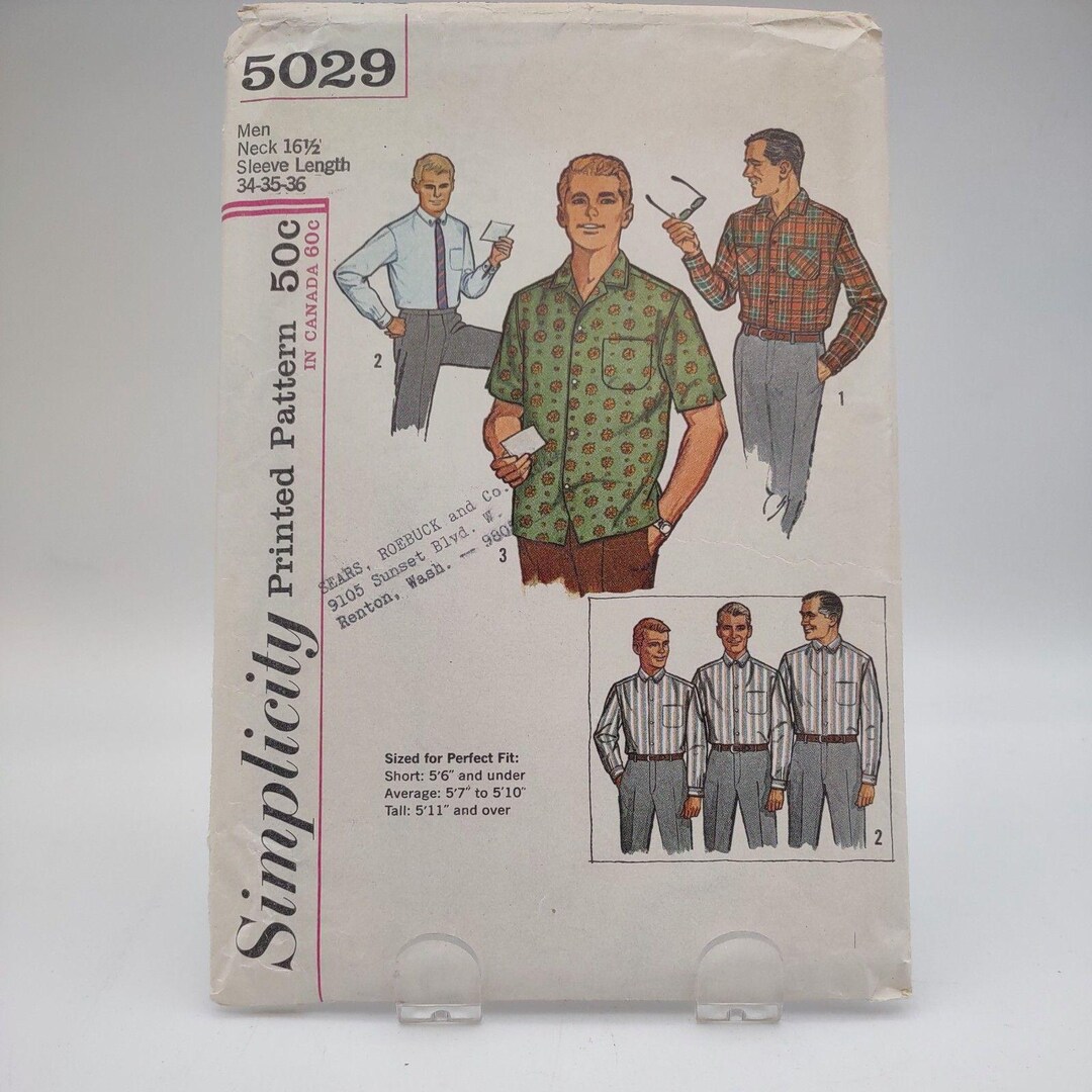 Simplicity 5029 Vtg Sewing Pattern Men's Button Front Shirt 16.5" ~ Cut ...